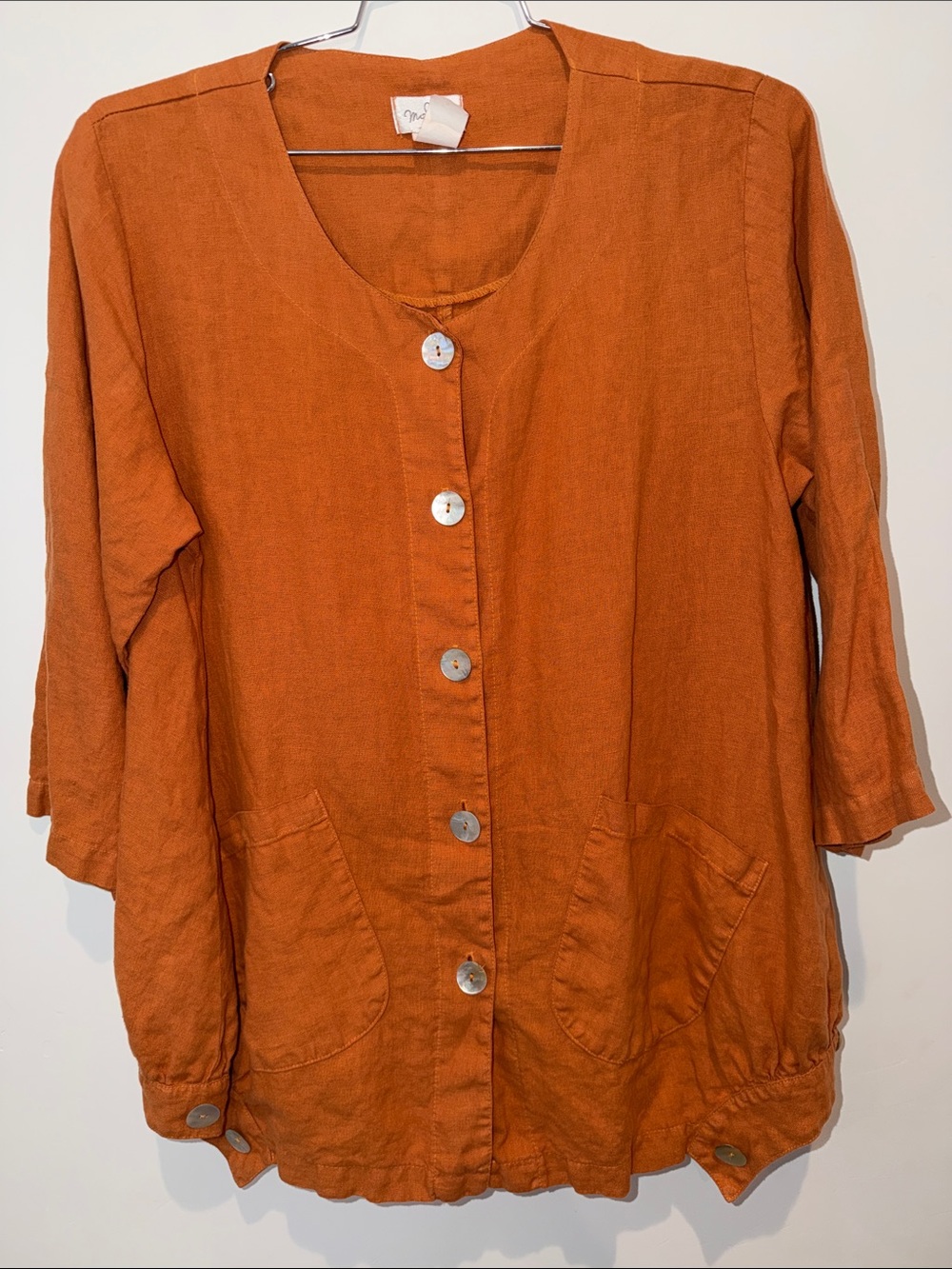 Mosaic Orange Linen Tunic Top Women's Size Medium Button Down